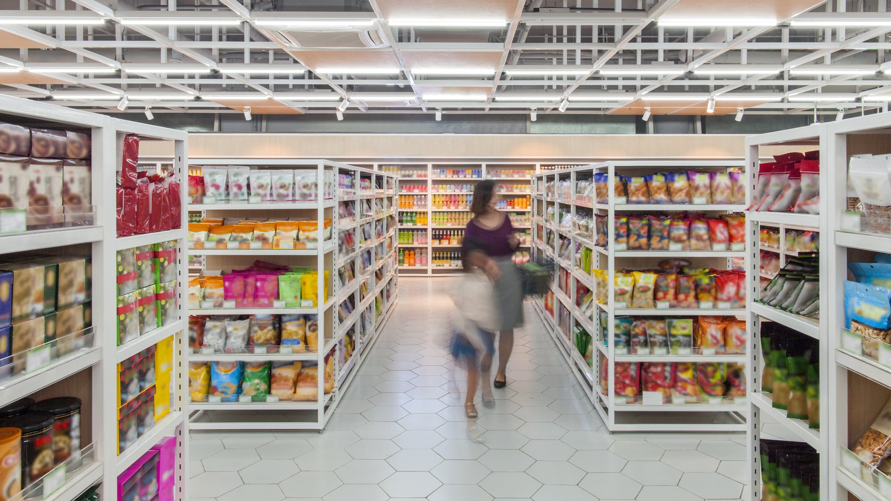 A woman and child in a store